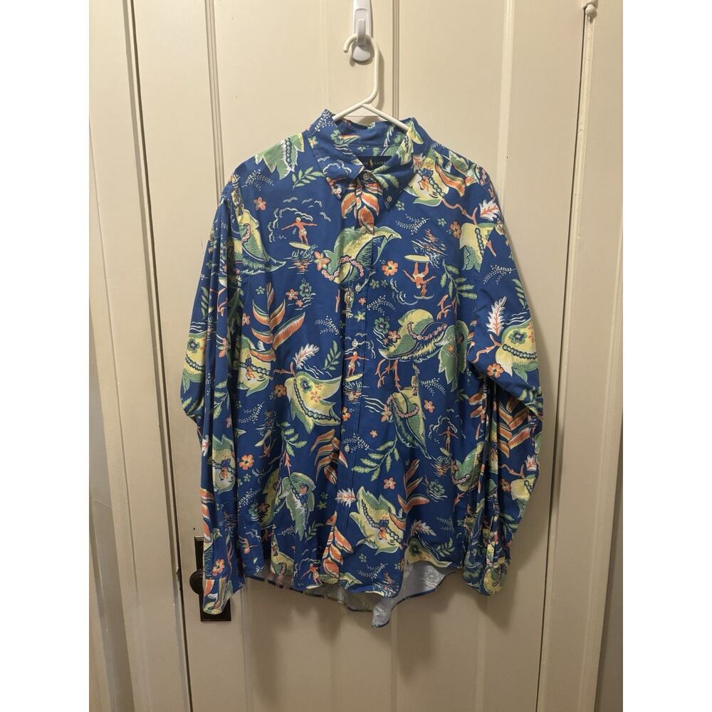 Ralph Lauren Hawaiian Button Down‎ Shirt Mens XL Blue Tropical Surfer Vacation